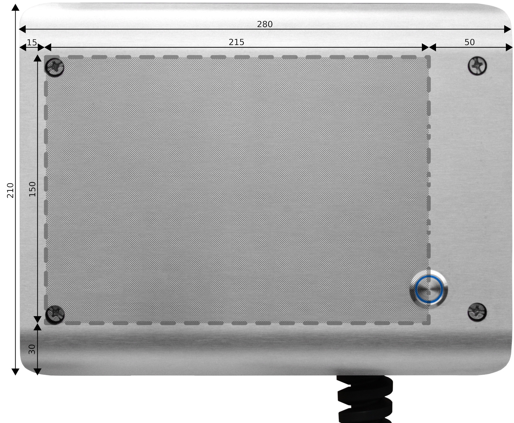 WARP4 front panel with marked engraving window: 150 mm × 215 mm on the left side
